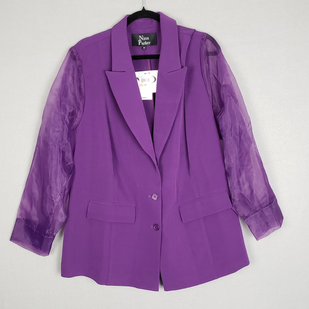 Nina Parker Size 2X‎ Sheer Sleeve Blazer Jacket Purple Statement Sleeve Daphne